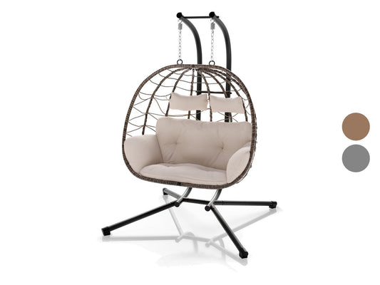 JUSKYS Fauteuil suspendu double en polyrotin Aria avec cadre et coussin, Gris ou Beige