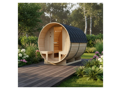 Sauna de barril para exterior ARTSAUNA Spitzbergen 220 para 6 personas con porche