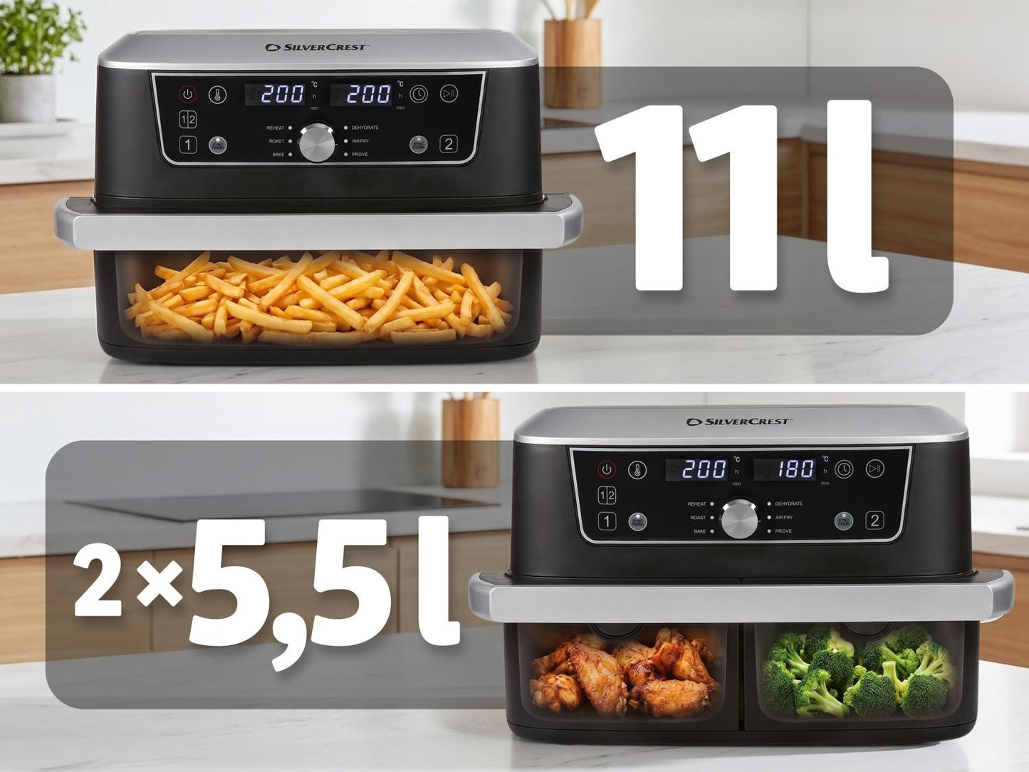 Friteuse à air chaud double compartiment SILVERCREST® SHFDA 2600 A1, 2 x 5,5 l