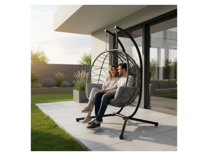 JUSKYS Silla colgante doble Aria de polirratán con estructura y cojines, Gris o Beige