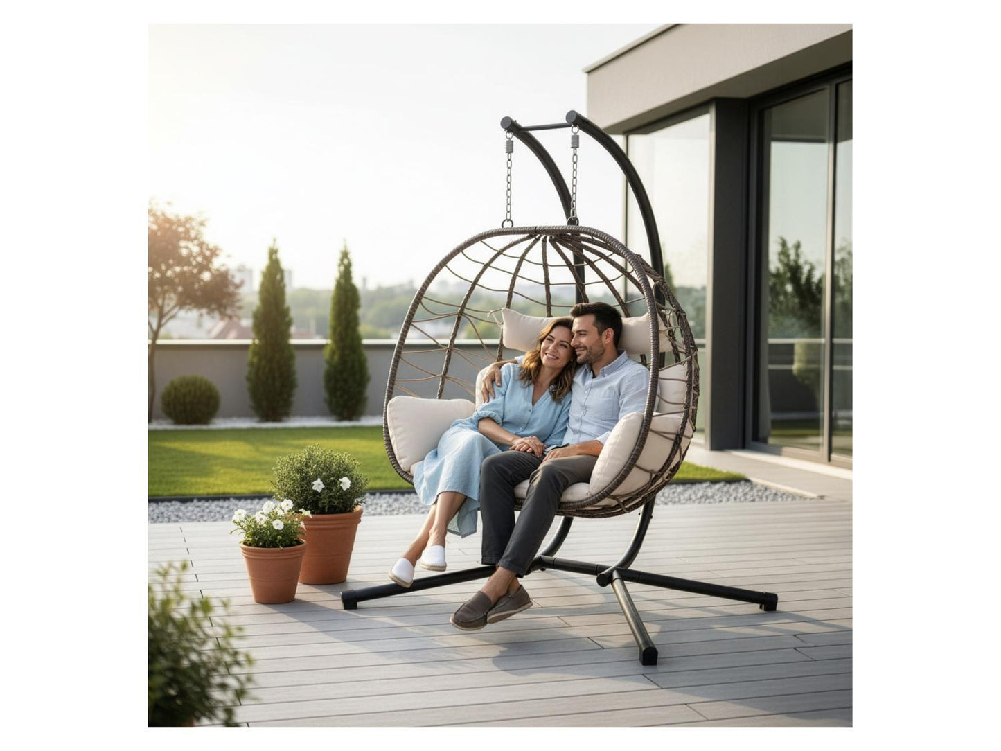 JUSKYS Silla colgante doble Aria de polirratán con estructura y cojines, Gris o Beige