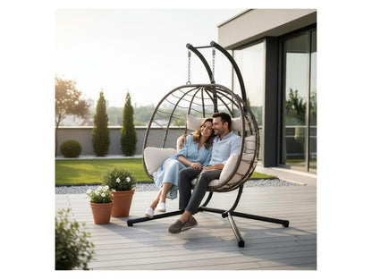 JUSKYS Silla colgante doble Aria de polirratán con estructura y cojines, Gris o Beige