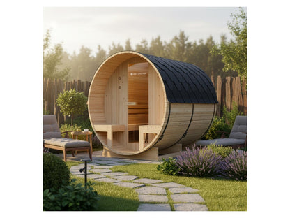 Sauna de barril para exterior ARTSAUNA Spitzbergen 220 para 6 personas con porche
