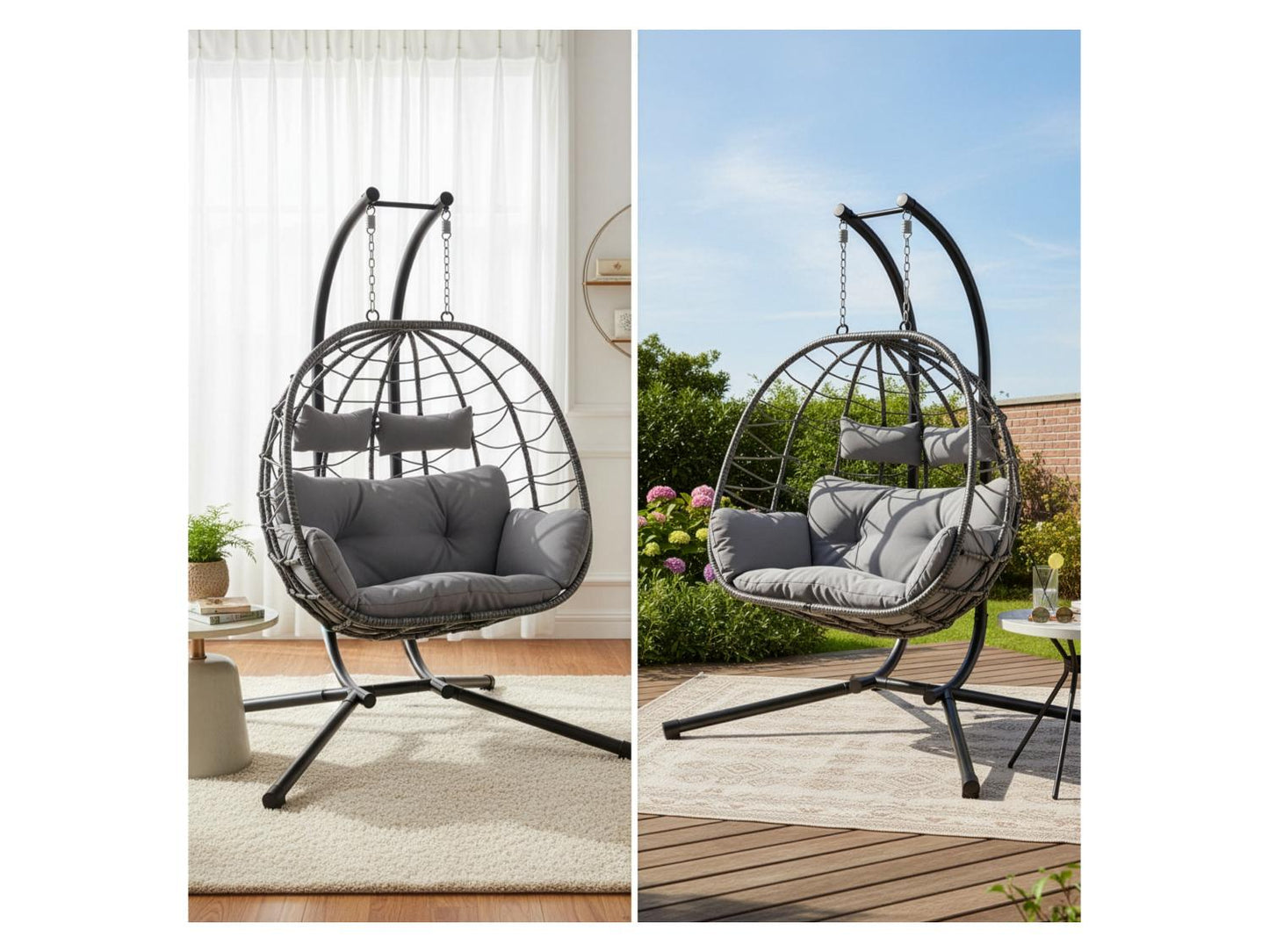 JUSKYS Silla colgante doble Aria de polirratán con estructura y cojines, Gris o Beige