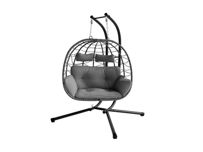 JUSKYS Silla colgante doble Aria de polirratán con estructura y cojines, Gris o Beige