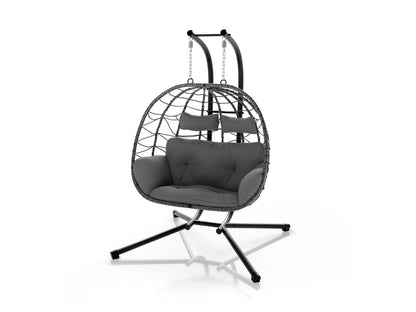 JUSKYS Silla colgante doble Aria de polirratán con estructura y cojines, Gris o Beige