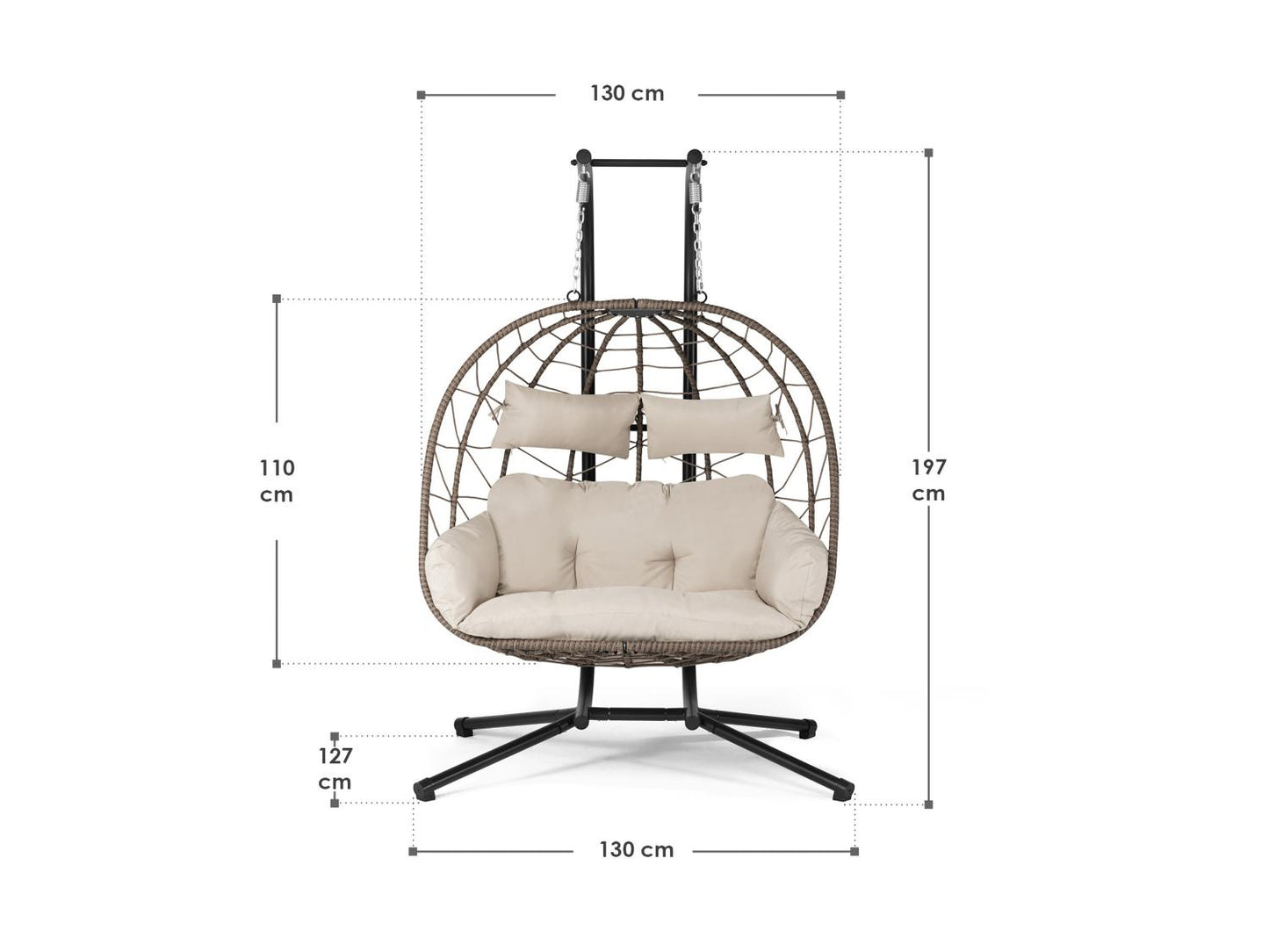 JUSKYS Silla colgante doble Aria de polirratán con estructura y cojines, Gris o Beige