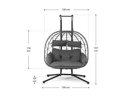 JUSKYS Silla colgante doble Aria de polirratán con estructura y cojines, Gris o Beige