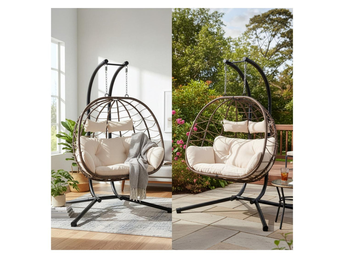 JUSKYS Silla colgante doble Aria de polirratán con estructura y cojines, Gris o Beige