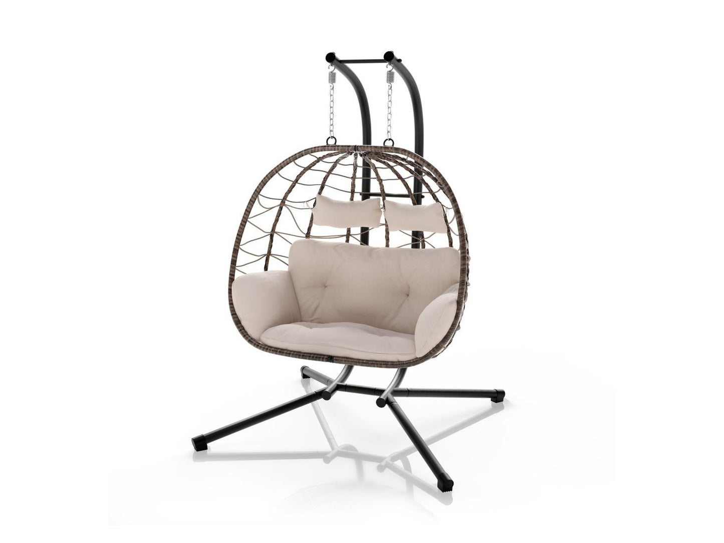 JUSKYS Silla colgante doble Aria de polirratán con estructura y cojines, Gris o Beige