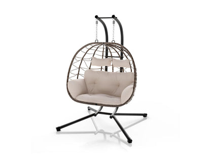 JUSKYS Silla colgante doble Aria de polirratán con estructura y cojines, Gris o Beige