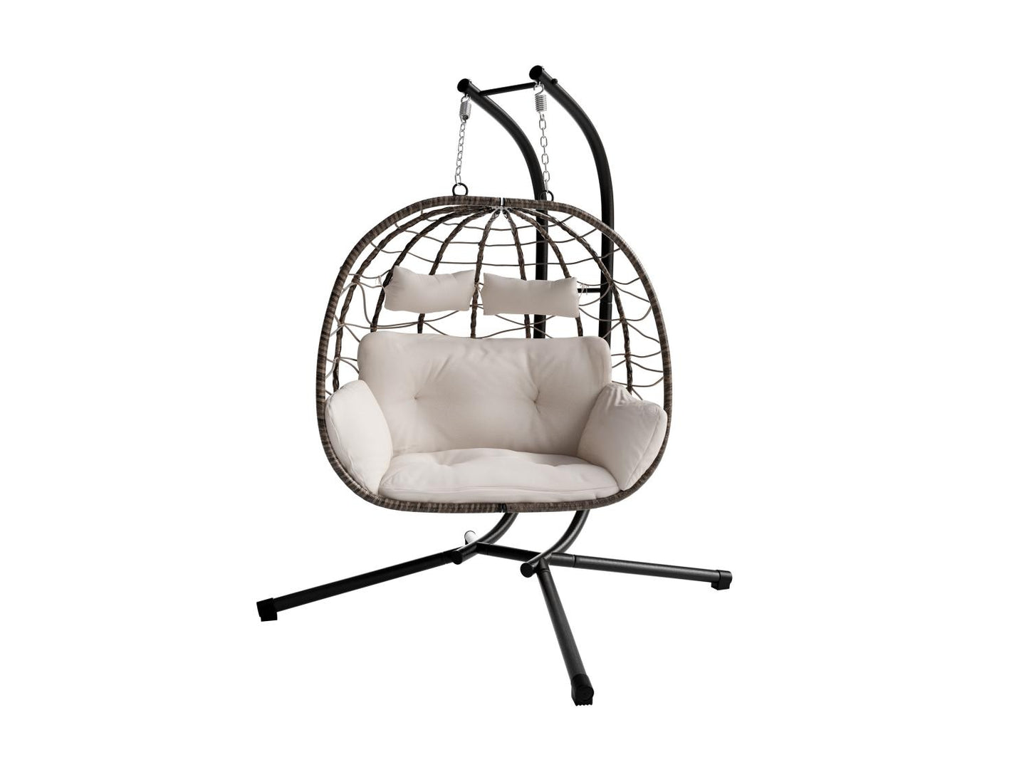 JUSKYS Silla colgante doble Aria de polirratán con estructura y cojines, Gris o Beige