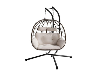 JUSKYS Silla colgante doble Aria de polirratán con estructura y cojines, Gris o Beige